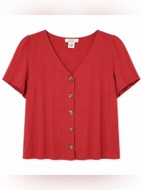 URBAN Romantics Red Button-Front V-Neck Short Sleeve Top